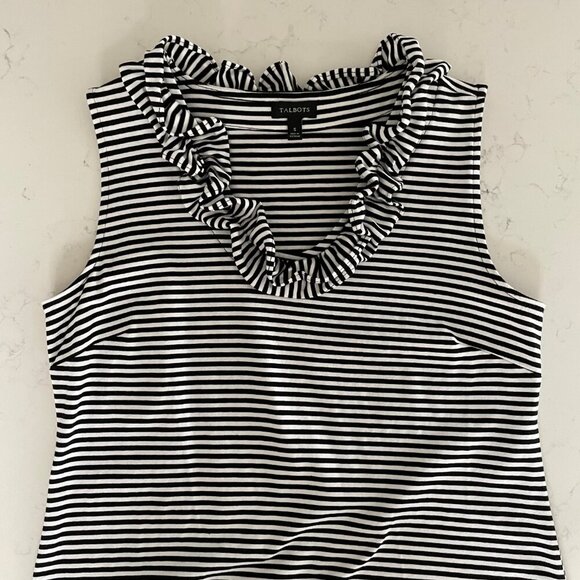Talbots Slvless Scoop Ruffle Neck Cotton Blend Striped Midi ress Blk & Wht Sz S - Picture 2 of 11